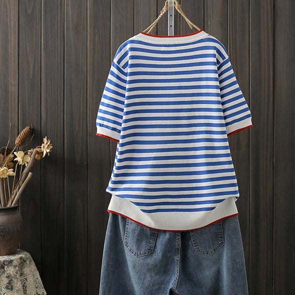 【XL~4XL】ストライプ柄　Vネック　ニットＴシャツ　レトロ　おしゃれTシャツ