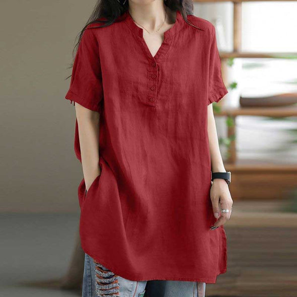 【S～5XL】シンプル無地　スリットネック　ゆるシルエット　おしゃれ　合わせやすい　夏人気シャツ