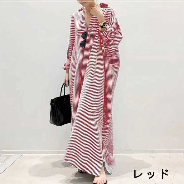 大人カジュアル　ストライプ　体型カバー　ロングマキシシャツワンピース