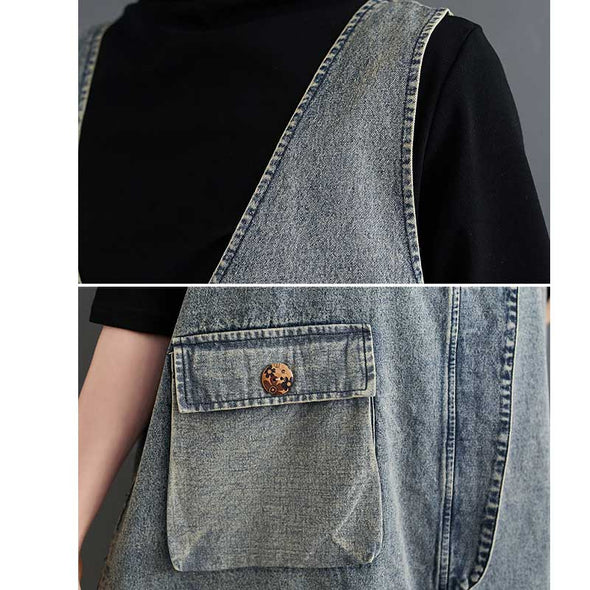 【M～2XL】夏デニム　ベストワンピース　ジャンパースカート　ｖネック　デニムワンピース