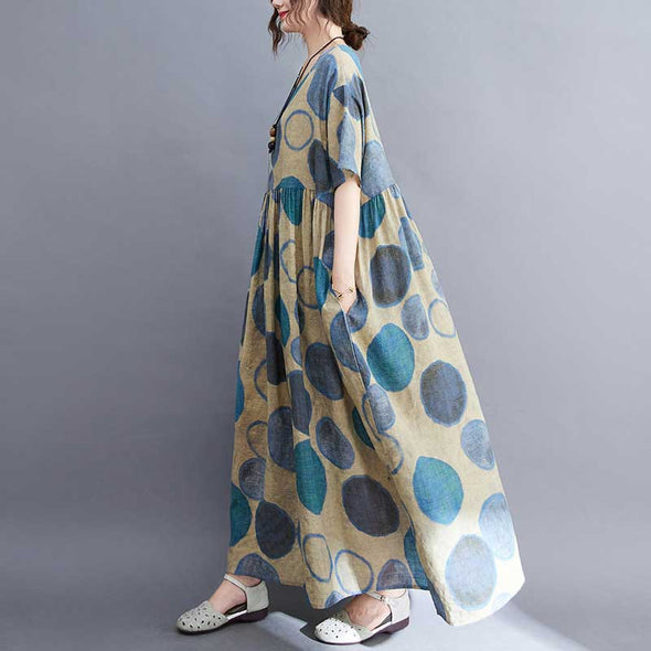 綿麻　大人ファッション　水玉柄　ロング丈　おしゃれワンピース　マキシワンピース　夏