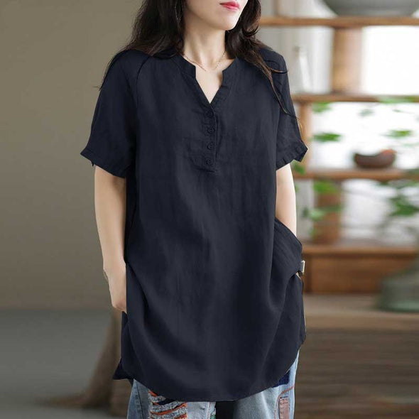 【S～5XL】シンプル無地　スリットネック　ゆるシルエット　おしゃれ　合わせやすい　夏人気シャツ
