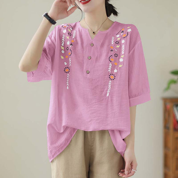 【M~3XL】花柄　スリットネック　刺繍入り　ゆるシルエット　夏ブラウス