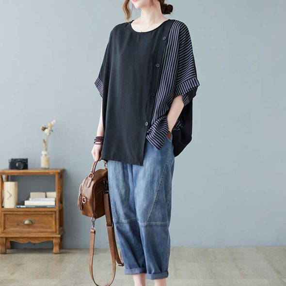 ゆるシルエット　ドルマン風　切り替えストライプ柄　夏人気Tシャツ
