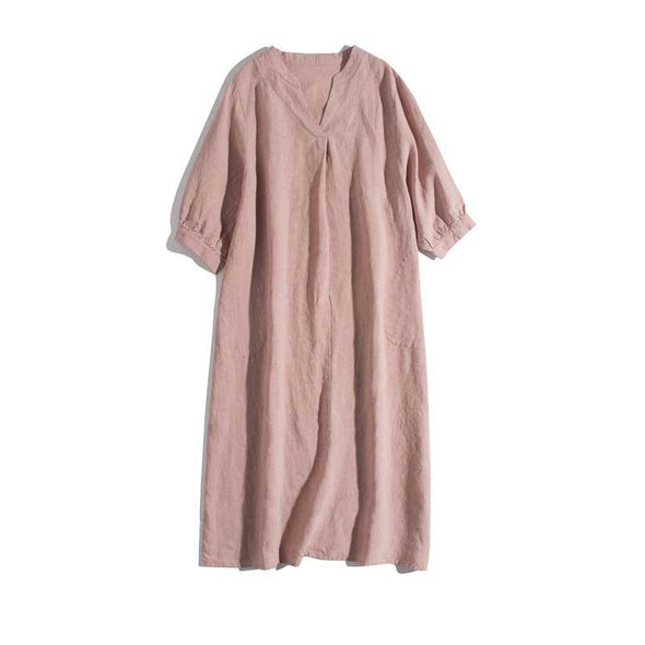 【M～2XL】夏　Ｖネック　リネン生地　無地　大人ファッション　シンプルカジュアルワンピース