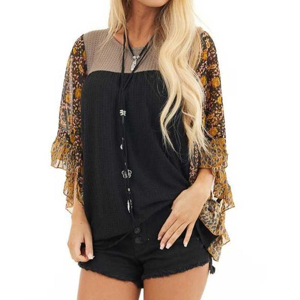 【S~5XL】フェミニン　大人ブラウス　フレア袖　ゆるシルエット　切替配色　花柄 ブラウス