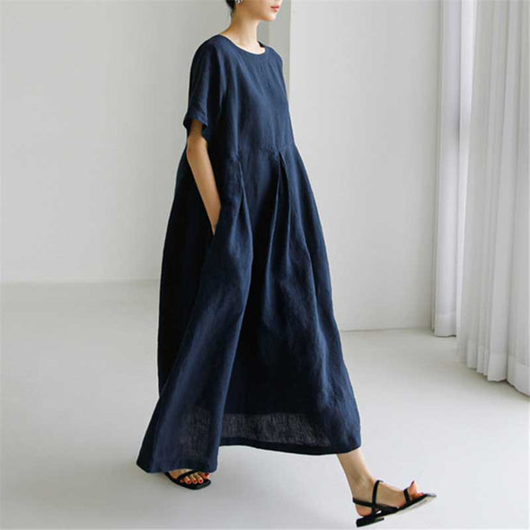 【S~XL】大人ワンピース　綿麻　夏ワンピース　タック入り　ロングワンピース