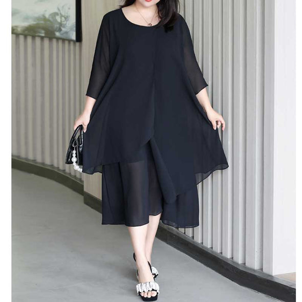 【4XL~8XL】無地シフォンワンピース　7分袖　無地　シフォンワンピース　着瘦せ効果　大きいサイズ　夏ワンピース