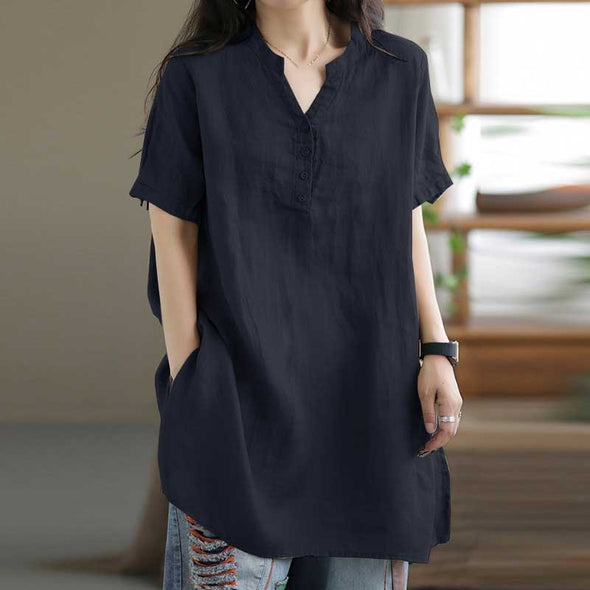 【S～5XL】シンプル無地　スリットネック　ゆるシルエット　おしゃれ　合わせやすい　夏人気シャツ
