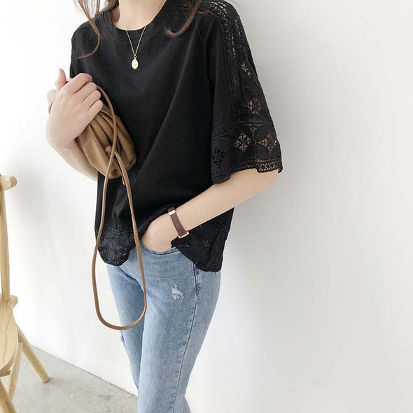 韓国ファッション　レース　ゆったり　中袖　透かし彫り　夏人気Ｔシャツ