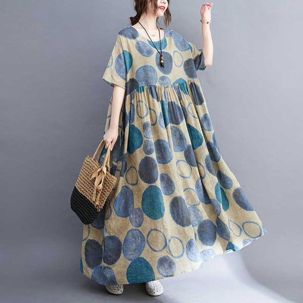 綿麻　大人ファッション　水玉柄　ロング丈　おしゃれワンピース　マキシワンピース　夏