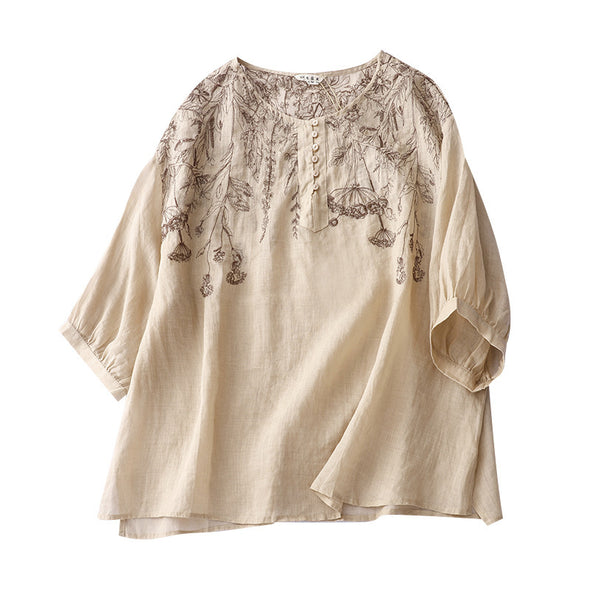 【M~2XL】リネン　レトロ風　エスニック　花柄　大人ブラウス