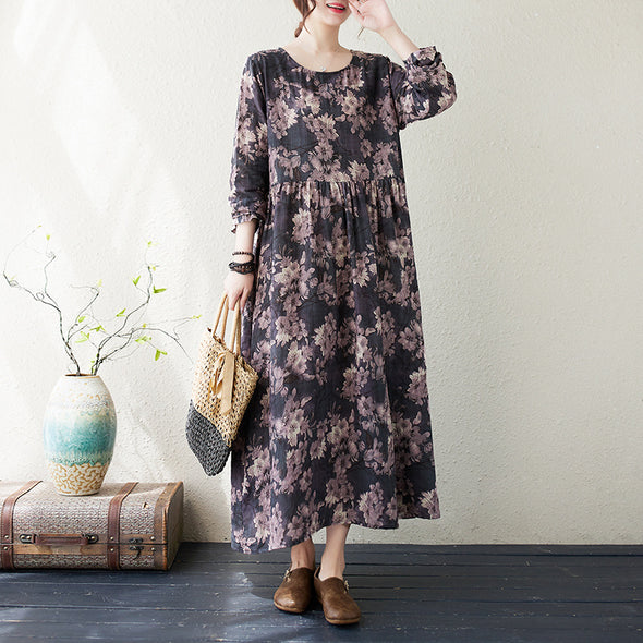 【M~2XL】ボタニカル　秋新作　体型カバー　Aライン　ロングワンピース