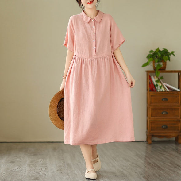 【M~2XL】大人カジュアル　切替チェック柄　シンプル無地　綿麻　夏ワンピース