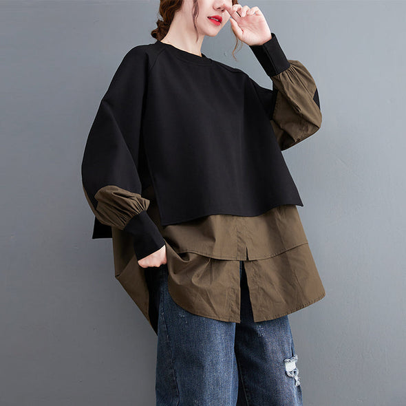 【L.XL】韓国ファッション　ゆるシルエット　切替　レイヤード風シャツ風トレーナー