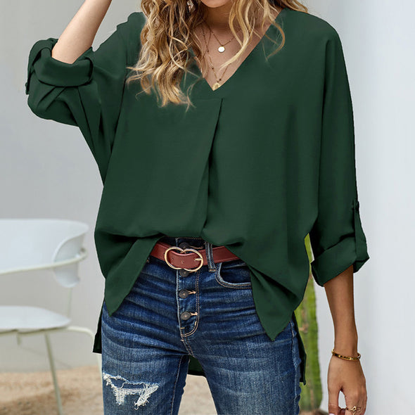 【M~4XL】シンプルカジュアル　タック入り　vネック　レディースシャツ