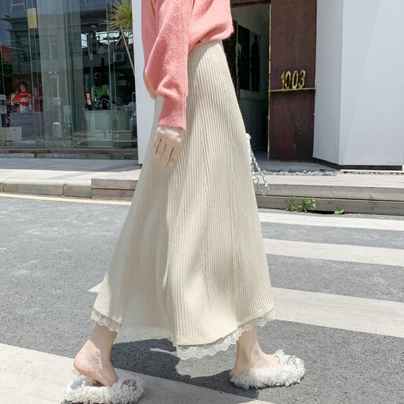大人かわいい　切替レース　Aライン　ニットスカート