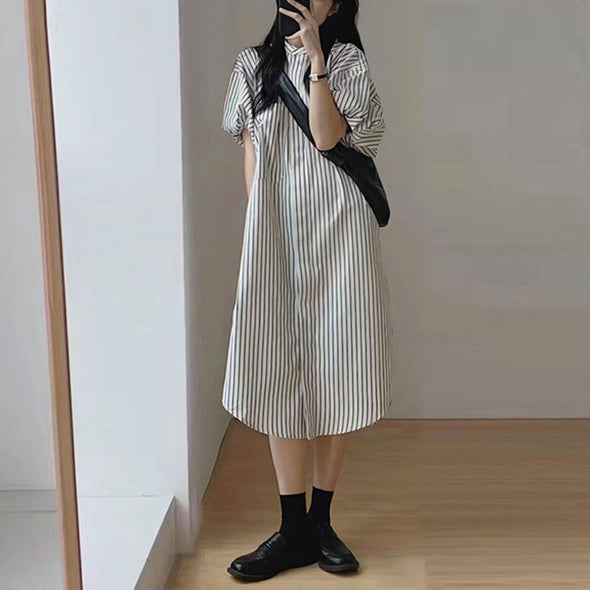 【M~2XL】大人カジュアル　オンオフ兼用　ストライプ柄　シャツワンピース
