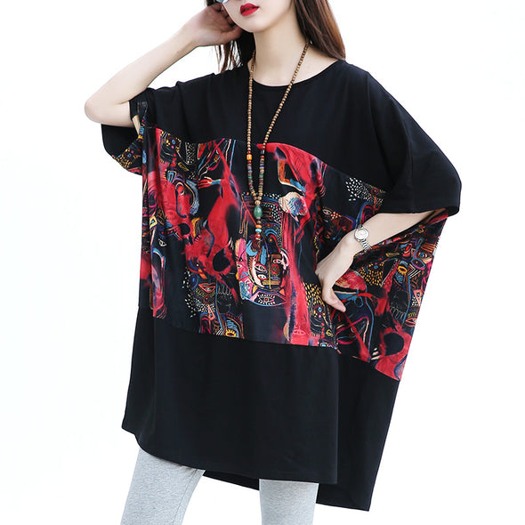 【2XL~5XL】エスニック風　揺れ感　ロングＴシャツ　プリント　チュニックワンピース