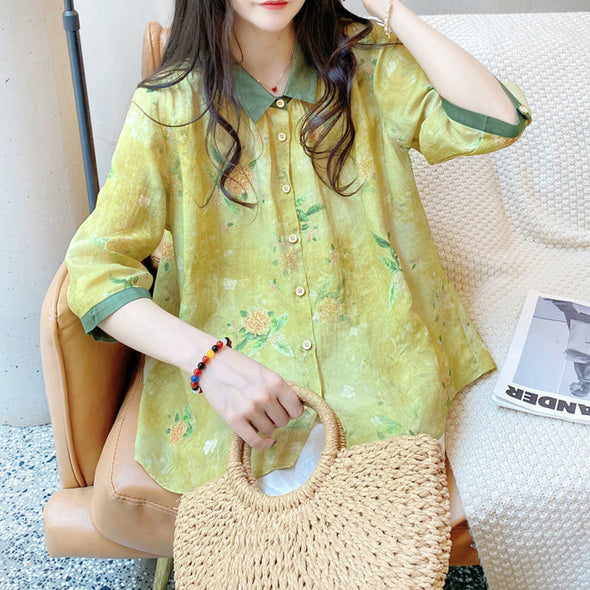 【S~2XL】韓国ファッション　綿麻　花柄　カジュア　薄手森ガール　ヘンリネック　夏シャツ
