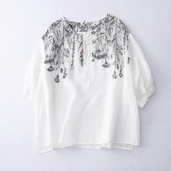 【M~2XL】リネン　レトロ風　エスニック　花柄　大人ブラウス