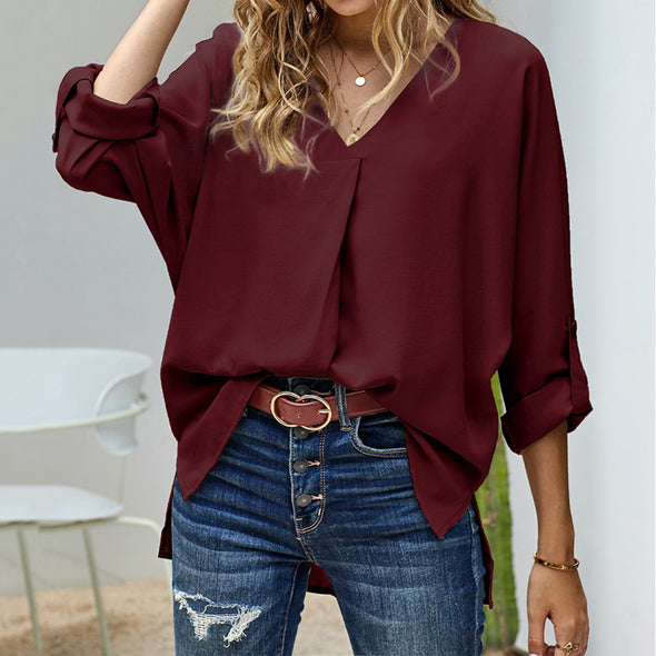 【M~4XL】シンプルカジュアル　タック入り　vネック　レディースシャツ