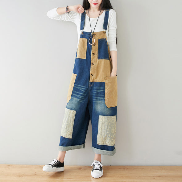デニムサロペット　花柄　切り替え　レトロ　夏人気パンツ
