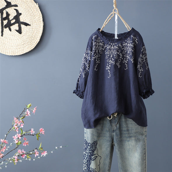 【S~3XL】フレアデザイン　刺繍入り　花柄　カジュアル　中袖ブラウス