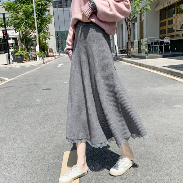 大人かわいい　切替レース　Aライン　ニットスカート