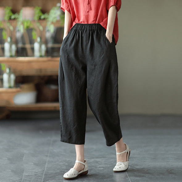 【M~2XL】シンプル　無地　カジュアル　綿麻　9分丈サルエルパンツ