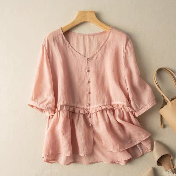 【M~2XL】綿麻　　シンプル　切替　フレア裾　シャツブラウス