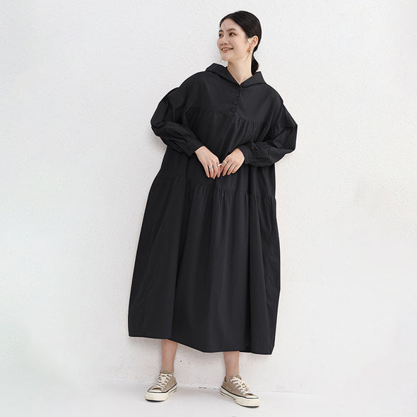 シンプルカジュアル　パーカー風　フード付き　ロングワンピース