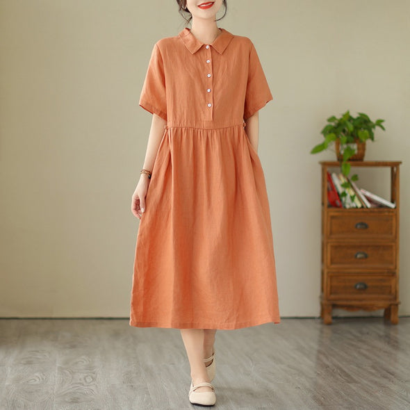 【M~2XL】大人カジュアル　切替チェック柄　シンプル無地　綿麻　夏ワンピース