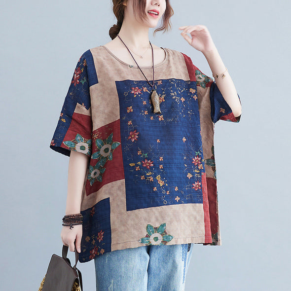 ゆったりサイズ　綿麻　切り替え　レトロ　花柄夏Tシャツ