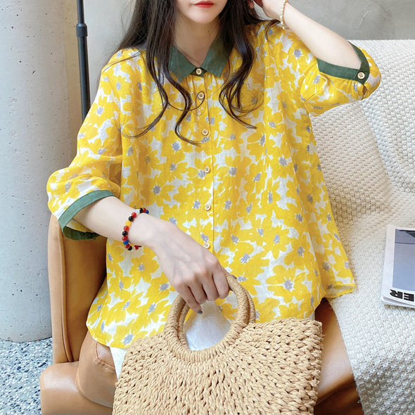 【S~2XL】韓国ファッション　綿麻　花柄　カジュア　薄手森ガール　ヘンリネック　夏シャツ