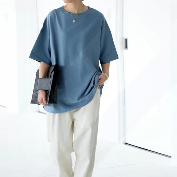 【S～L】シンプル　カジュアル　無地　ドロップスリーブ　ゆったりＴシャツ