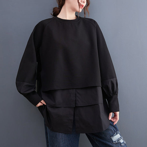 【L.XL】韓国ファッション　ゆるシルエット　切替　レイヤード風シャツ風トレーナー