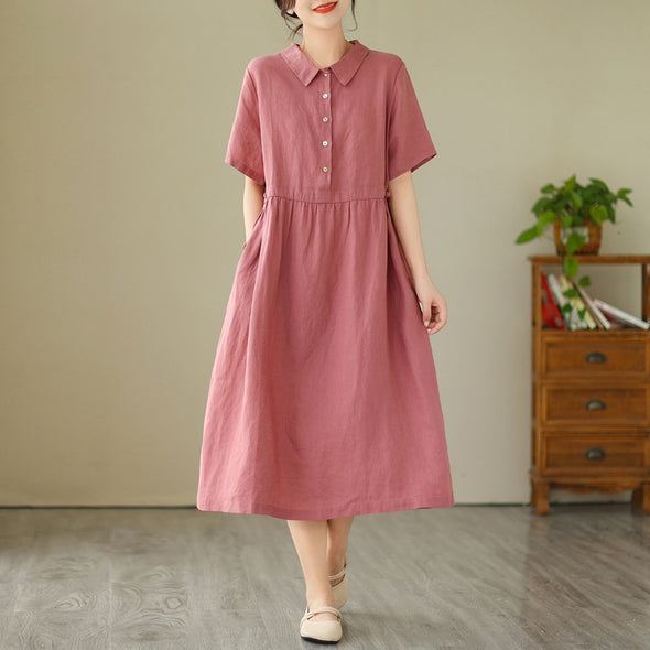 【M~2XL】大人カジュアル　切替チェック柄　シンプル無地　綿麻　夏ワンピース