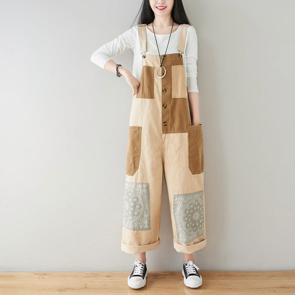 デニムサロペット　花柄　切り替え　レトロ　夏人気パンツ