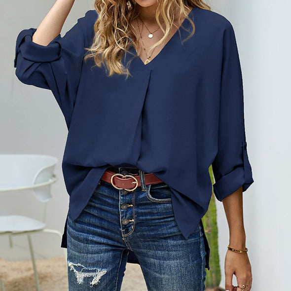 【M~4XL】シンプルカジュアル　タック入り　vネック　レディースシャツ