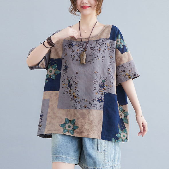 ゆったりサイズ　綿麻　切り替え　レトロ　花柄夏Tシャツ