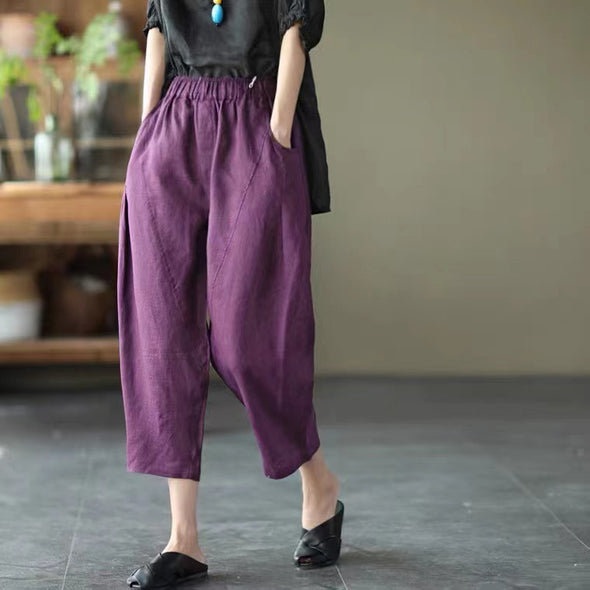 【M~2XL】シンプル　無地　カジュアル　綿麻　9分丈サルエルパンツ
