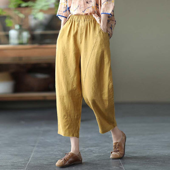 【M~2XL】シンプル　無地　カジュアル　綿麻　9分丈サルエルパンツ