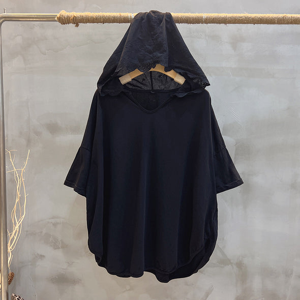 綿麻　ゆったりサイズ　カジュアル　フード付き　夏Tシャツ