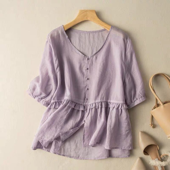 【M~2XL】綿麻　　シンプル　切替　フレア裾　シャツブラウス