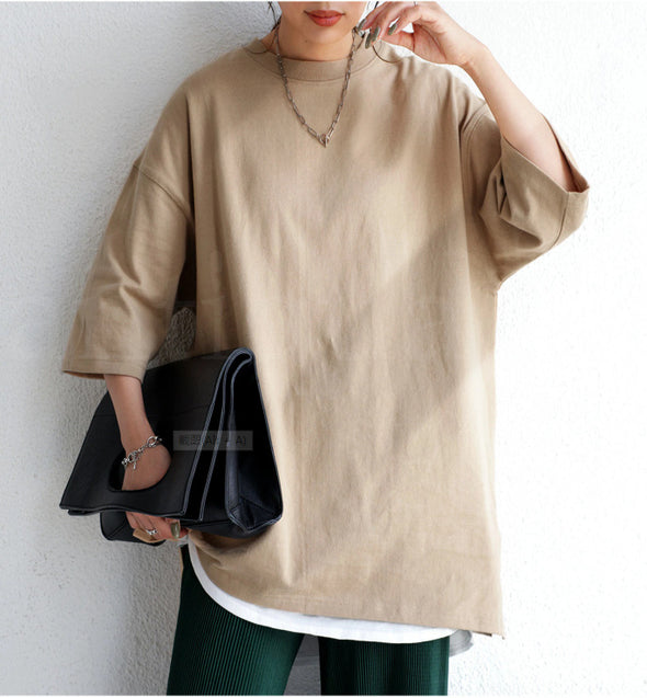 【S～L】シンプル　カジュアル　無地　ドロップスリーブ　ゆったりＴシャツ