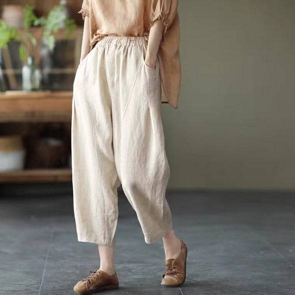 【M~2XL】シンプル　無地　カジュアル　綿麻　9分丈サルエルパンツ