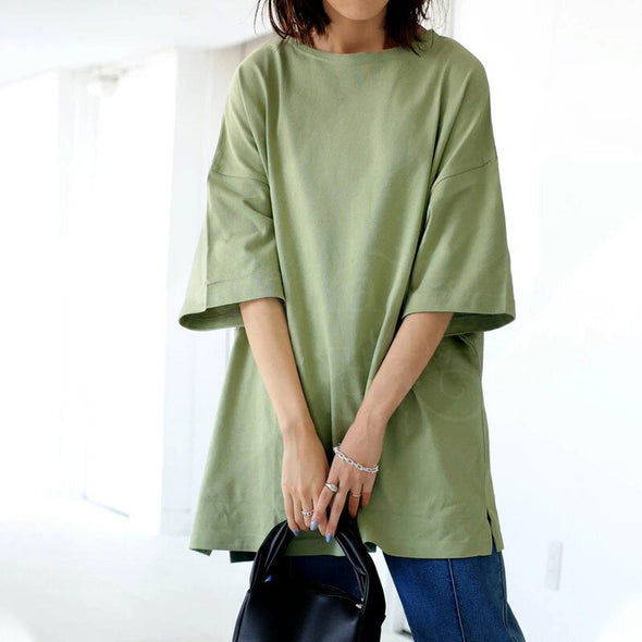 【S～L】シンプル　カジュアル　無地　ドロップスリーブ　ゆったりＴシャツ