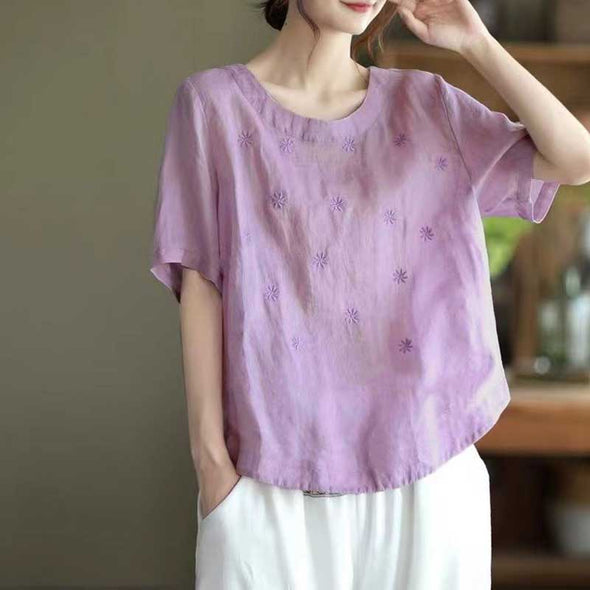 【M~3XL】花柄　かわいい　レトロ　多色展開　刺繍　夏Tシャツ