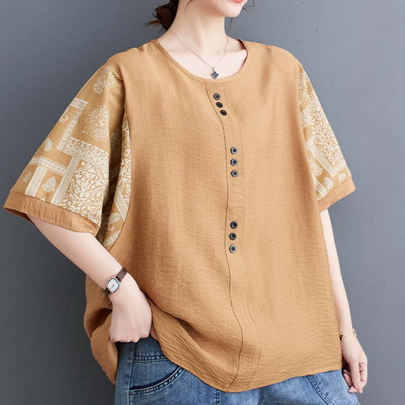 綿麻　大人トップス　肌さわり良い　エスニック風　ゆったり　楽ちん　中袖Tシャツ